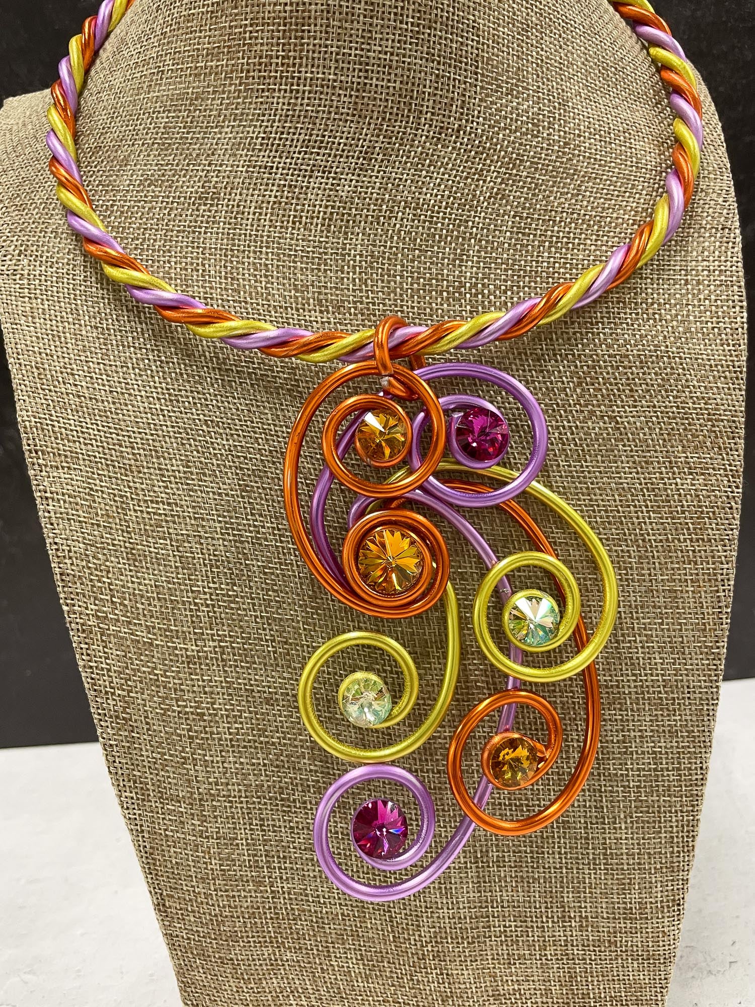 Trio Wire Swirl Collar Necklace, Orange/Lavender/Yellow