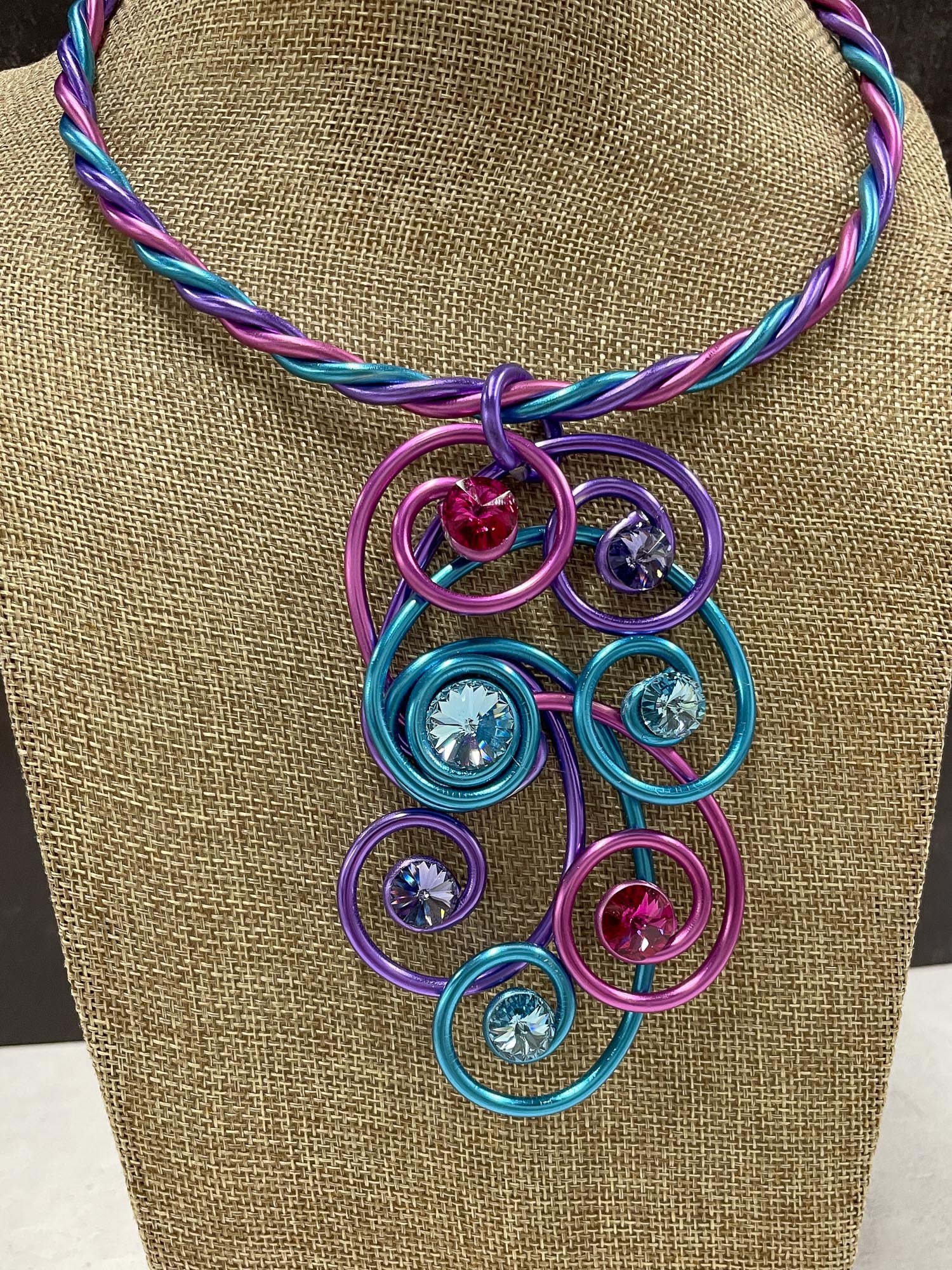 Trio Wire Swirl Collar Necklace, Purple/Fuchsia/Blue