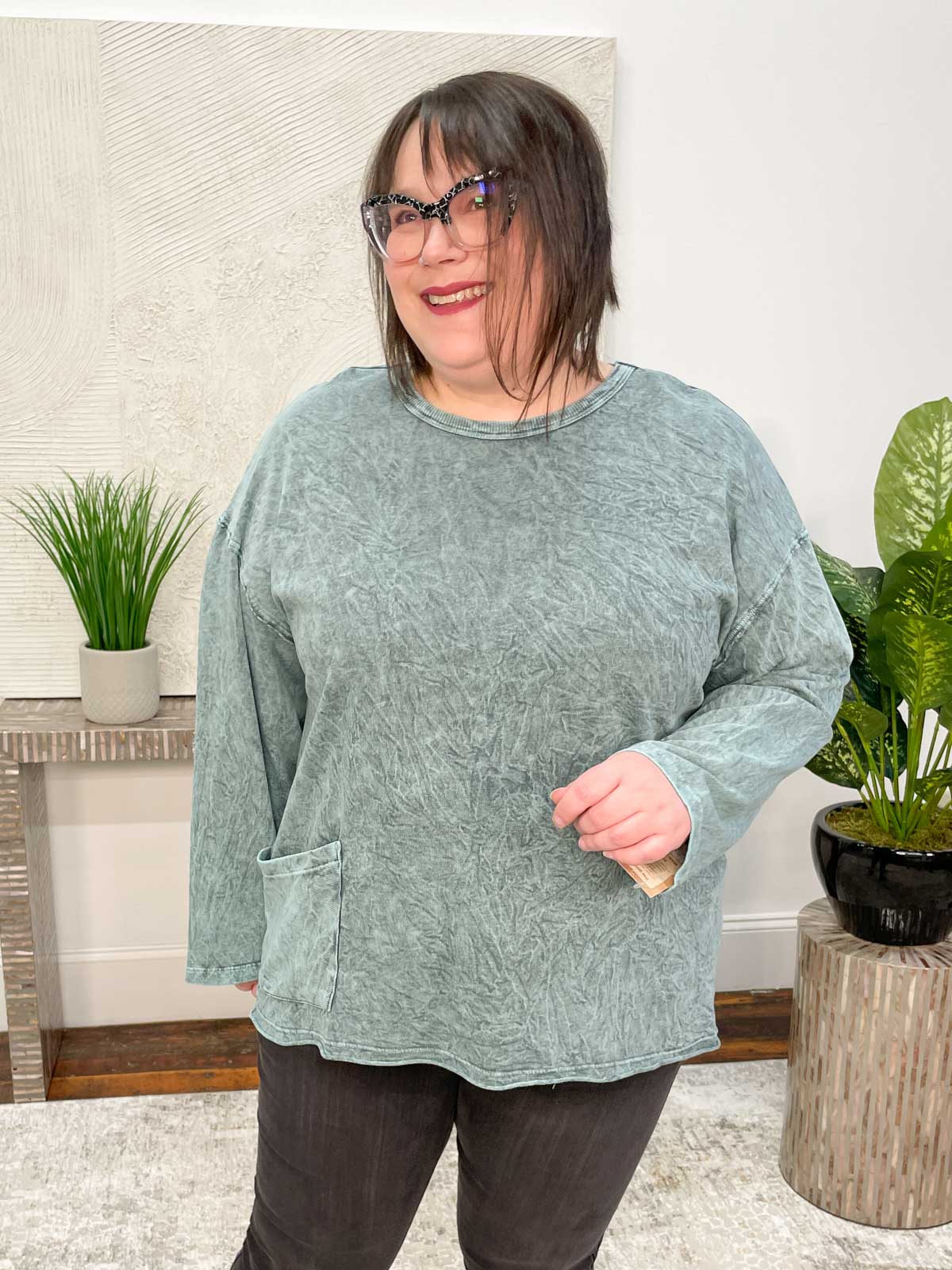 Jess & Jane Mineral Wash Drop Shoulder Thermal Pocket Top, Teal - Statement Boutique