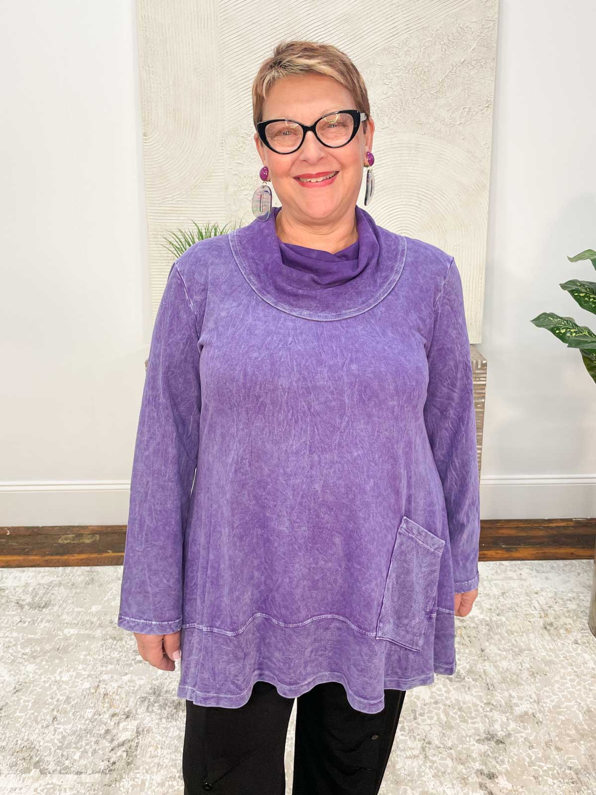 Jess & Jane Mineral Wash Slub Mock Neck Tunic, Purple - Statement Boutique