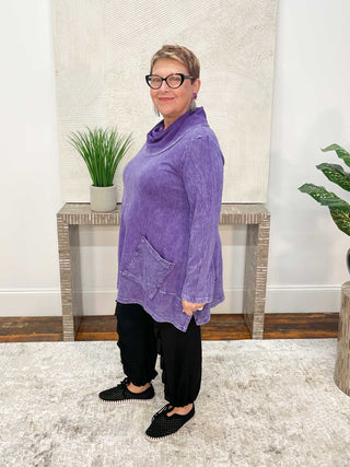 Jess & Jane Mineral Wash Slub Mock Neck Tunic, Purple - Statement Boutique