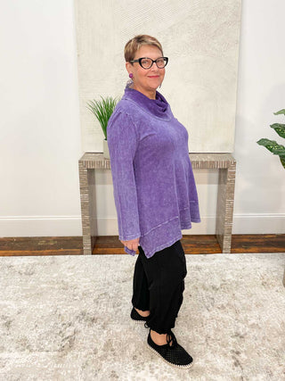 Jess & Jane Mineral Wash Slub Mock Neck Tunic, Purple - Statement Boutique