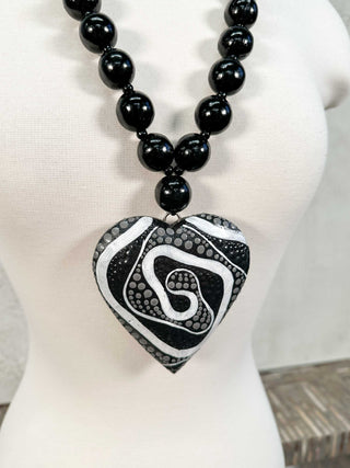 Jianhui London Hand-Painted Wood Heart Necklace, Black/White Spiral - Statement Boutique