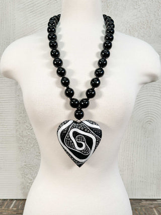 Jianhui London Hand-Painted Wood Heart Necklace, Black/White Spiral - Statement Boutique
