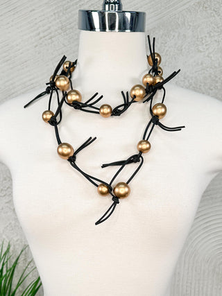 Jianhui London Round Beads on Leatherette Chain Necklace, Gold/Black - Statement Boutique