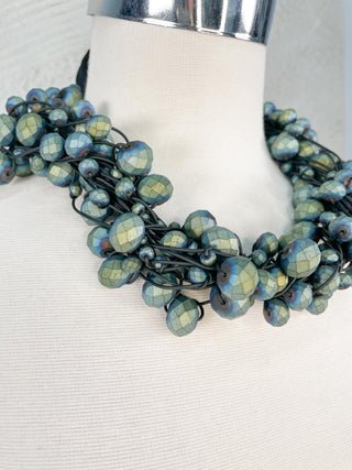 10 Strand Crystal Beads Necklace, Matte Metallic Peacock