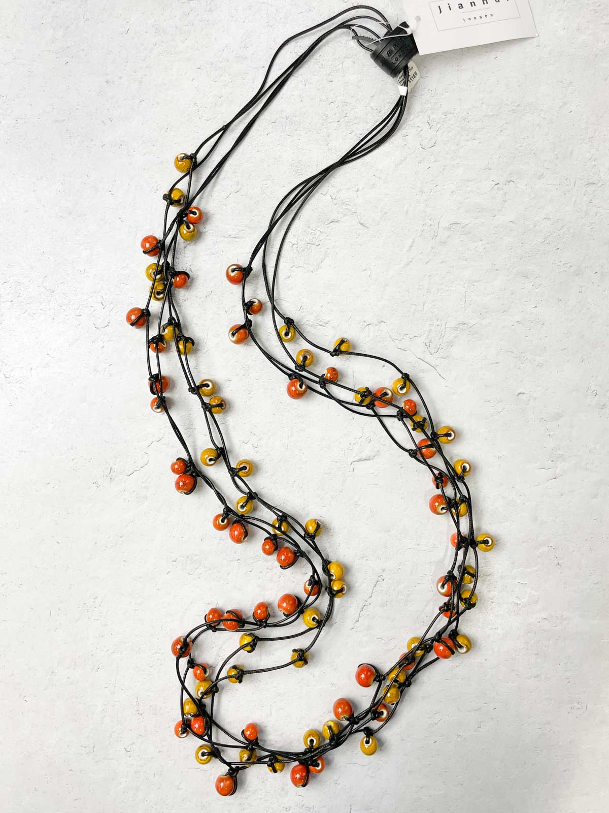 4 Strand Ceramic Beads Knotted Cord Necklace, Orange/Mustard