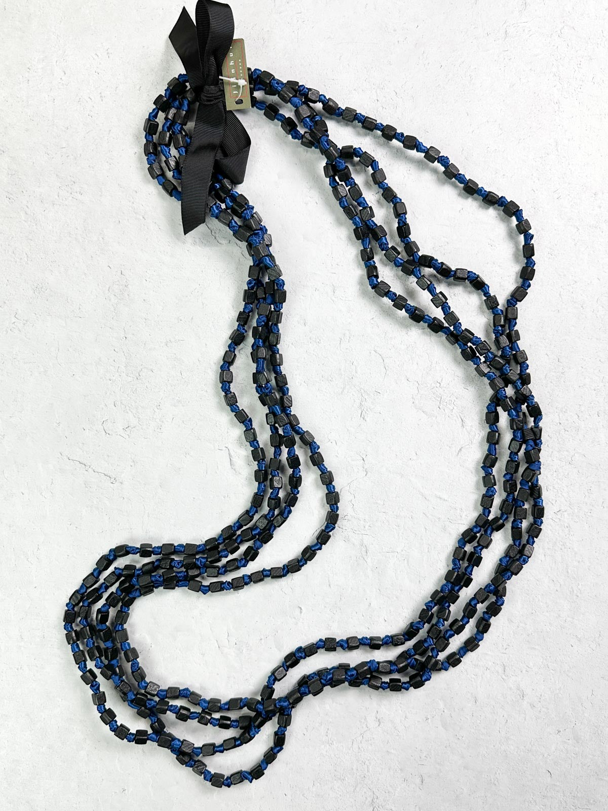 Jianhui London 4 Strand Square Bead on Knotted Cord Necklace, Black/Royal Blue - Statement Boutique
