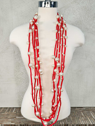 Jianhui London 5 Strand Mixed Large Pearls on Cord Necklace, White/Red - Statement Boutique