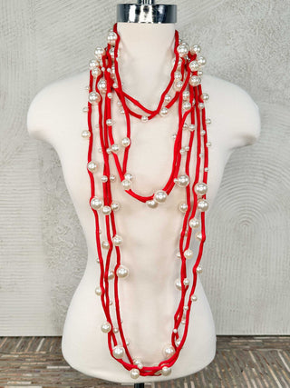 Jianhui London 5 Strand Mixed Large Pearls on Cord Necklace, White/Red - Statement Boutique