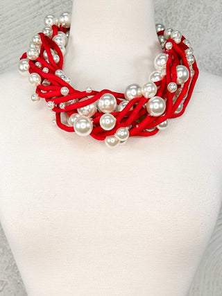 Jianhui London 5 Strand Mixed Large Pearls on Cord Necklace, White/Red - Statement Boutique