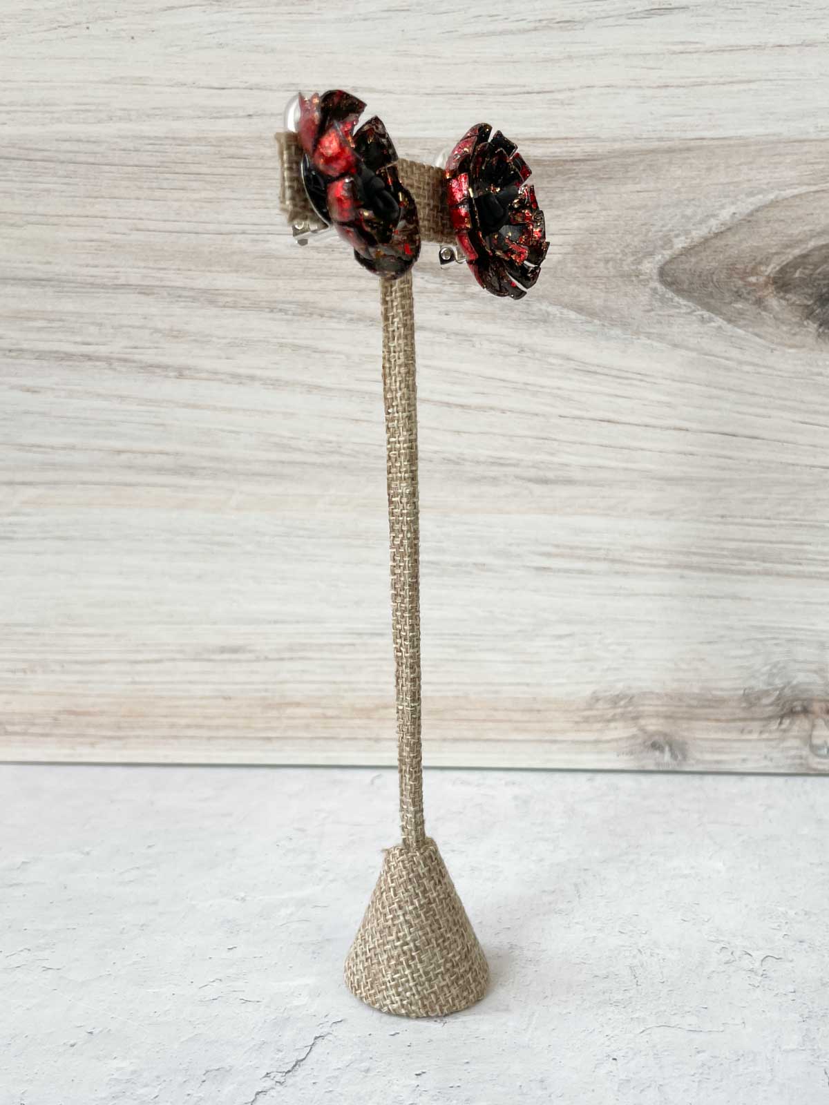 Jianhui London Aqua Sunflower Clip On Earrings, Hand Gilded Black, Gold &amp; Red - Statement Boutique