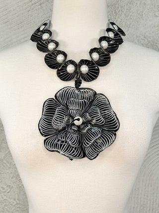 Jianhui London Big Flower Pendant & Faux Pearls Necklace, Black/White - Statement Boutique