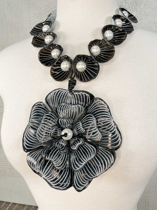 Big Flower Pendant & Faux Pearls Necklace, Black/White