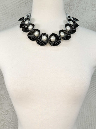 Big Flower Pendant & Faux Pearls Necklace, Black/White