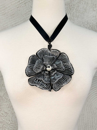 Big Flower Pendant & Faux Pearls Necklace, Black/White