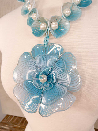 Big Flower Pendant & Faux Pearls Necklace, Turquoise/White