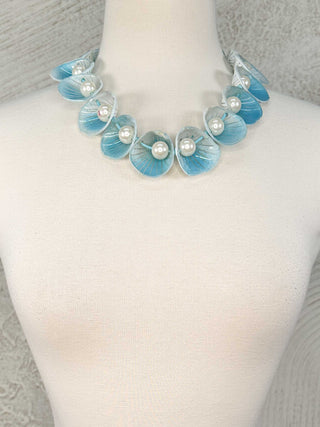 Big Flower Pendant & Faux Pearls Necklace, Turquoise/White