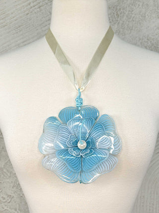 Big Flower Pendant & Faux Pearls Necklace, Turquoise/White