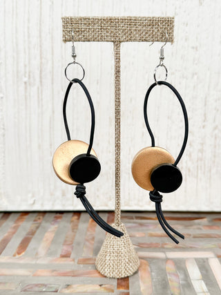 Coins on Leatherette Drop Earrings, Gold/Black