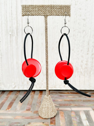 Coins on Leatherette Drop Earrings, Red