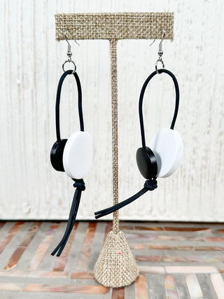 Coins on Leatherette Drop Earrings, Black/White