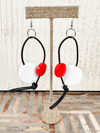 Coins on Leatherette Drop Earrings, White/Red
