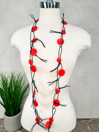 Coins on Leatherette Chain Necklace, Red