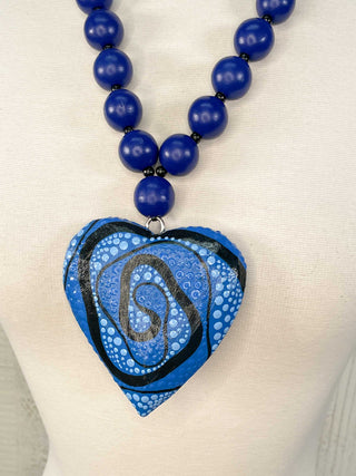 Jianhui London Hand-Painted Wood Heart Necklace, Blue Spiral - Statement Boutique
