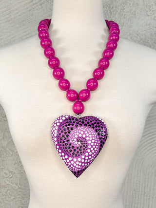 Hand-Painted Wood Heart Necklace, Magenta Swirl