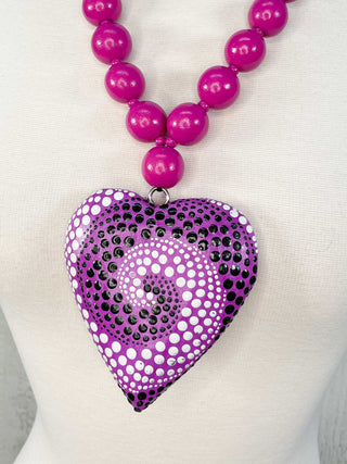 Jianhui London Hand-Painted Wood Heart Necklace, Magenta Swirl - Statement Boutique