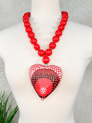 Hand-Painted Wood Heart Necklace, Red Circles