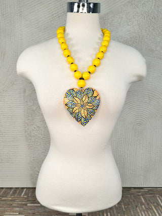 Hand-Painted Wood Heart Necklace, Yellow Flower