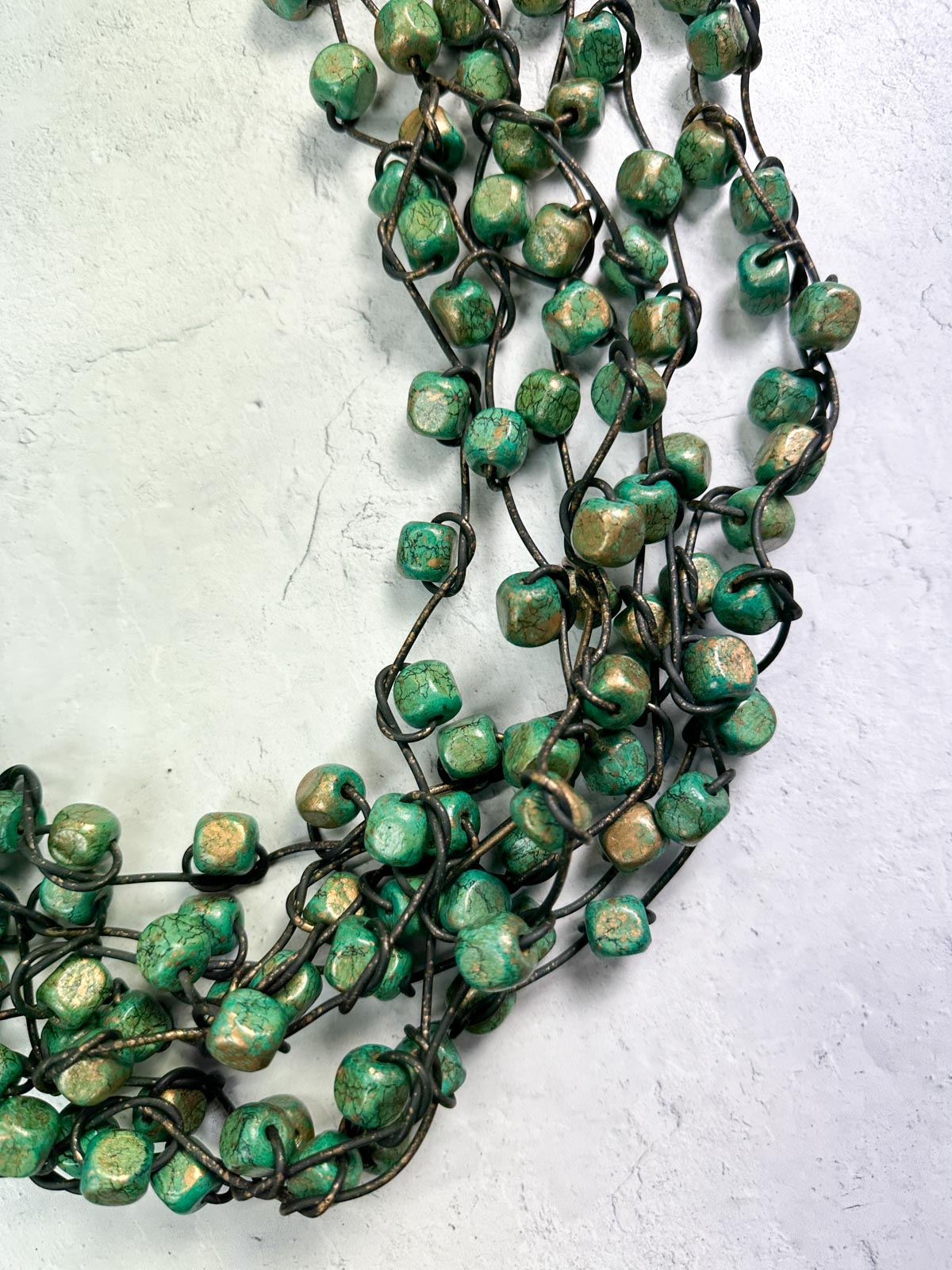 Jianhui London Hand Painted 8 Strand Chunky Wood Beads on Leatherette Necklace, Green/Gold - Statement Boutique