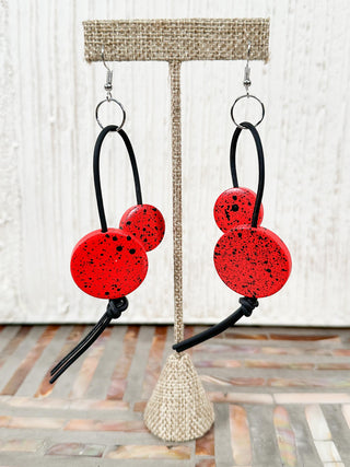 Hand Painted Coins on Leatherette Drop Earrings, Red/Black