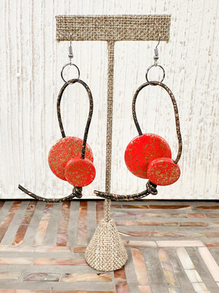 Hand Painted Coins on Leatherette Drop Earrings, Red/Gold