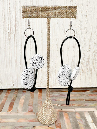 Hand Painted Coins on Leatherette Drop Earrings, White/Black