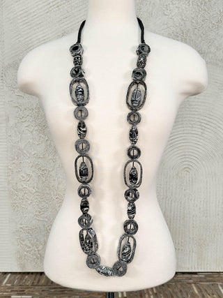 Long Recycled Fabric Shapes Necklace, Black/White