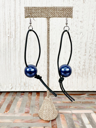 Pearl Leatherette Drop Earrings, Blue/Black
