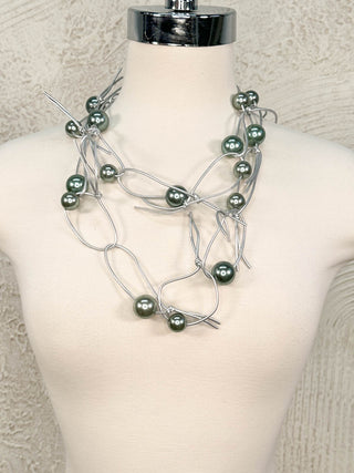 Pearls on Leatherette Chain Necklace, Silver/Grey