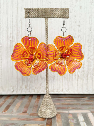 Plumeria Flower Drop Earrings, Red/Yellow