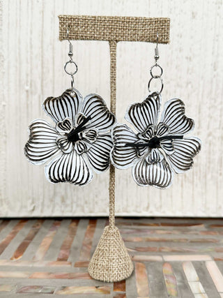 Plumeria Flower Drop Earrings, White/Black
