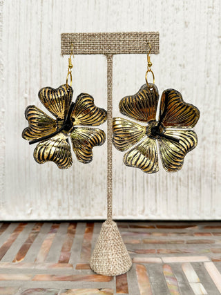 Plumeria Flower Drop Earrings, Gold