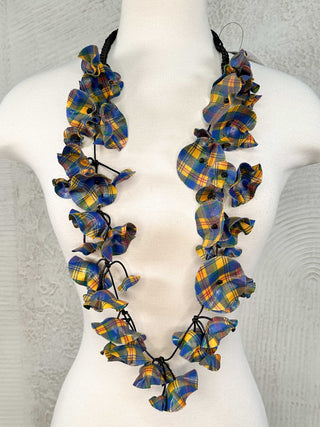 Recycled Fabric Lotus Leaves Necklace, Blue/Yellow