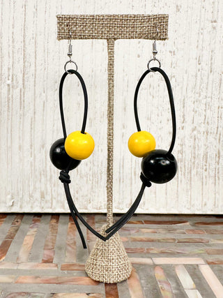 Round Bead Leatherette Drop Earrings, Black/Yellow