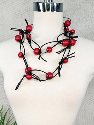 Round Beads on Leatherette Chain Necklace, Burgundy/Black