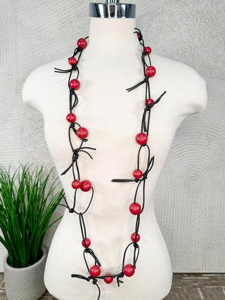 Round Beads on Leatherette Chain Necklace, Burgundy/Black