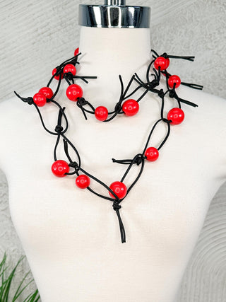 Round Beads on Leatherette Chain Necklace, Red/Black
