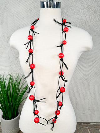 Round Beads on Leatherette Chain Necklace, Red/Black
