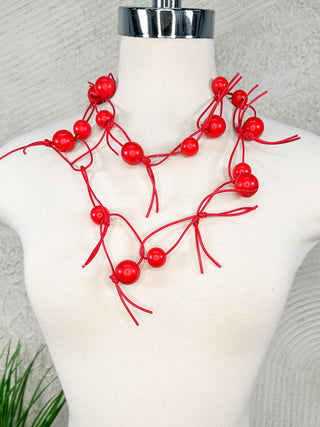 Round Beads on Leatherette Chain Necklace, Red/Red